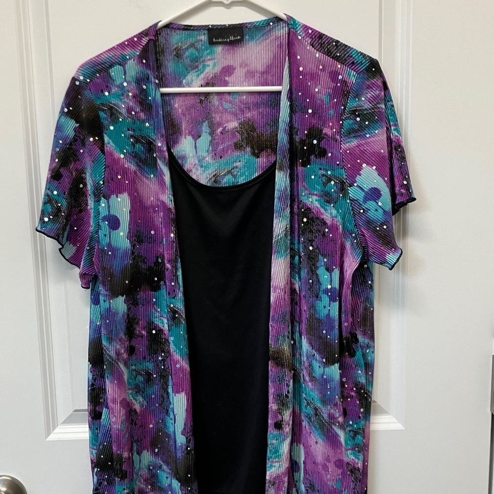 Brittany Black Purple, Pink and Teal Short Sleeve Top, Large